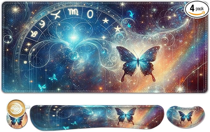ToLuLu Large Mouse Pad Desk Pad Set Wrist Rest Support Desk Mat for Keyboard and Mouse 4PCS 35.4”x15.7 XXL Giant Mouse Pad Non-Slip Base Stitched Edges Mousepad Home Office Glittering Butterfly