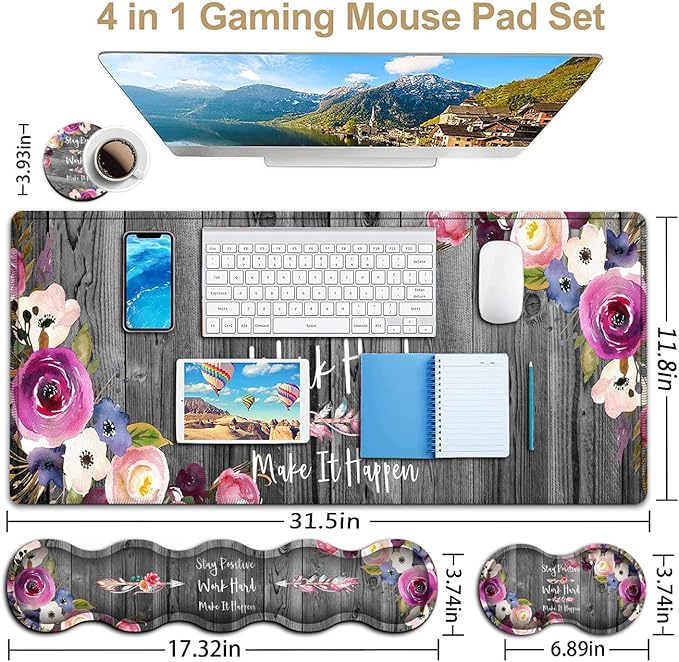 Office Desk PadLarge Mouse PadLaptop Desk Table Protector Writing Mat Ergonomic Extended Black Mouse Pad Memory Foam Keyboard Wrist Rest Support Set Inspirational Work Hard and Flowers Desk Mat