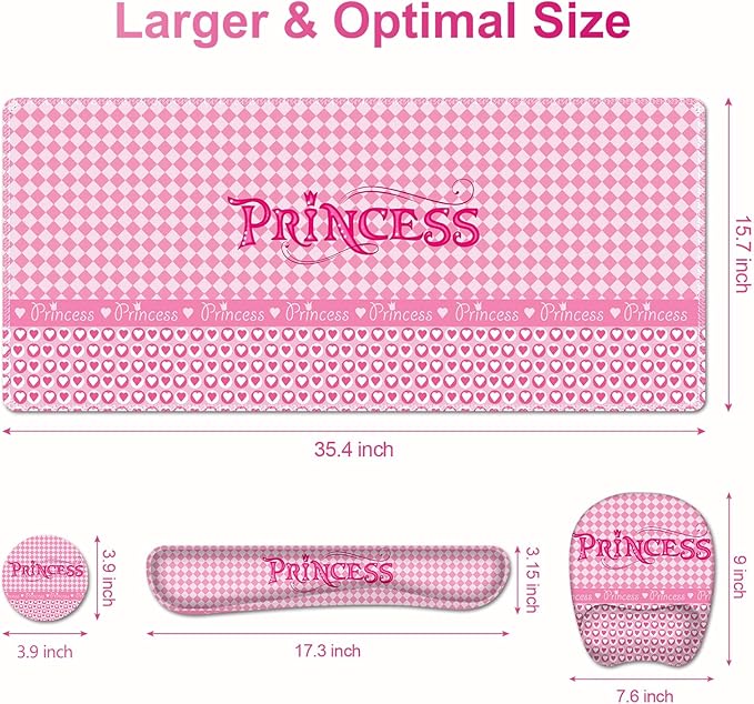 Mouse Pad with Wrist Support 4 in1 Set XXL Big Game Mousepad + Keyboard Wrist Rest + Mouse Wrist Rest Pad +Coaster Gaming Mat for Home Office Work Computer Laptop I Pink Checkered Princess Girl