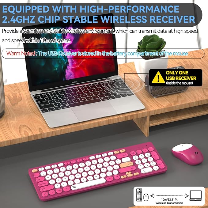 FD Wireless Keyboards and Mouse Combo - 2.4GHz USB Cordless Cute Wireless Keyboard Round Keys Quiet and Slim Set for Laptop Computer TV and Mac - Strawberry White Colorful