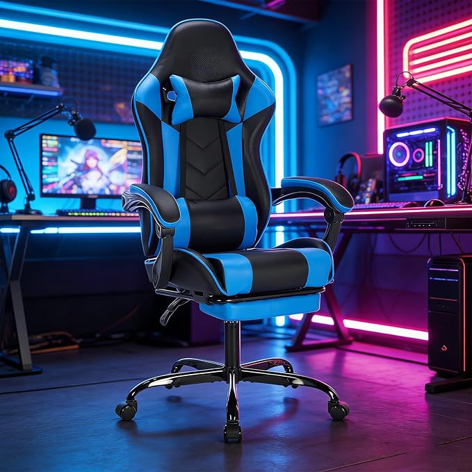 Gaming Chair with Footrest Ergonomic Computer Seating Massage Lumbar Support Height Adjustable PU Leather Reclining Video Game Chairs for Adults Office (Black+Blue)