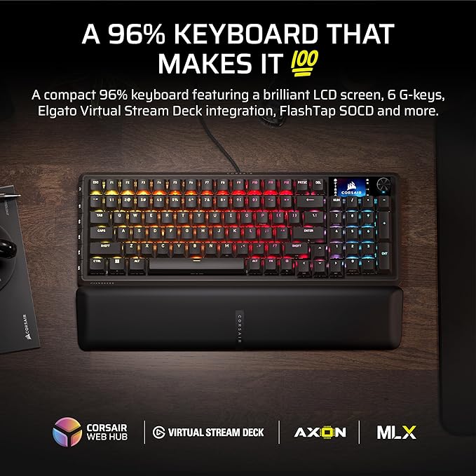 Corsair Vanguard 96 Wired Mechanical Gaming Keyboard – 96% Layout MLX Fusion Tactile Switches 8000Hz Polling LCD Display Virtual Stream Deck G-Keys SOCD Flashtap QWERTY US – Black