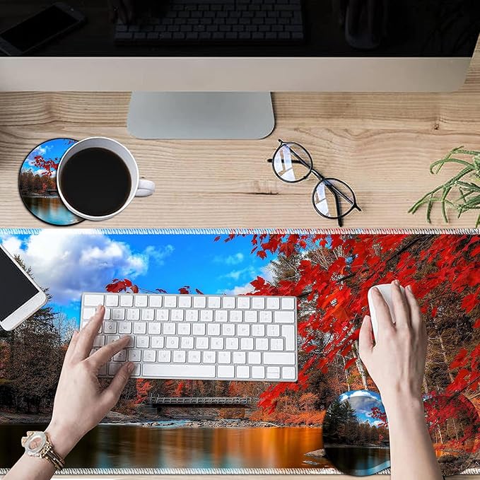 Large Game Mouse Pad + Wrist Support Pad + Coffee Coaster Red Maple Lake Foldable Table Mat with Stitched Edge Non-Slip Set Pad Suitable for Office Work and Home