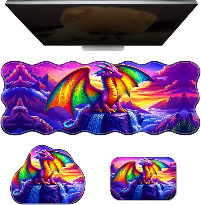 3-Piece Ergonomic Desk Mat &amp Cloud Wrist Rest Set Large 31.5 x 11.8 Wave Office Desk Pad with Memory Foam Support Non-Slip Computer Protector for Home Gaming &amp Writing Purple Dragon