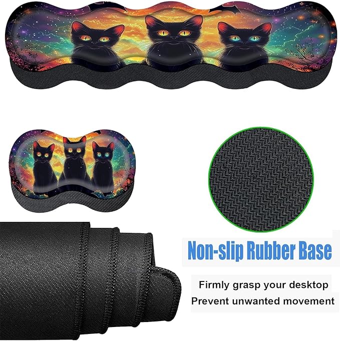 Keyboard Wrist Rest and Mouse Pad Set31.5x11.8 Inches Desk MatWaterproof Non-Slip Ergonomic Wrist Support for Pain ReliefExtended Desk Protector for Office Home GamingCute Black Cats