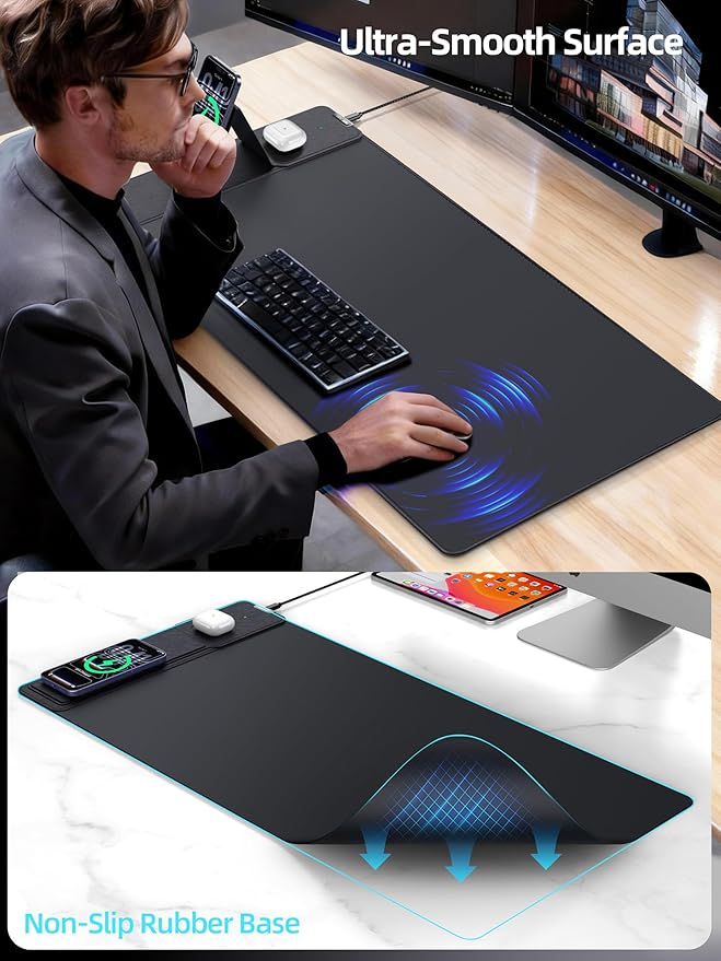 Mouse Pad with Magnetic Wireless Charging &amp Adjustable Phone Stand 31.5x15.8 Extended Desk Mat Waterproof Ultra-Smooth Keyboard Pad Non-Slip Base with 20W PD Adapter Black