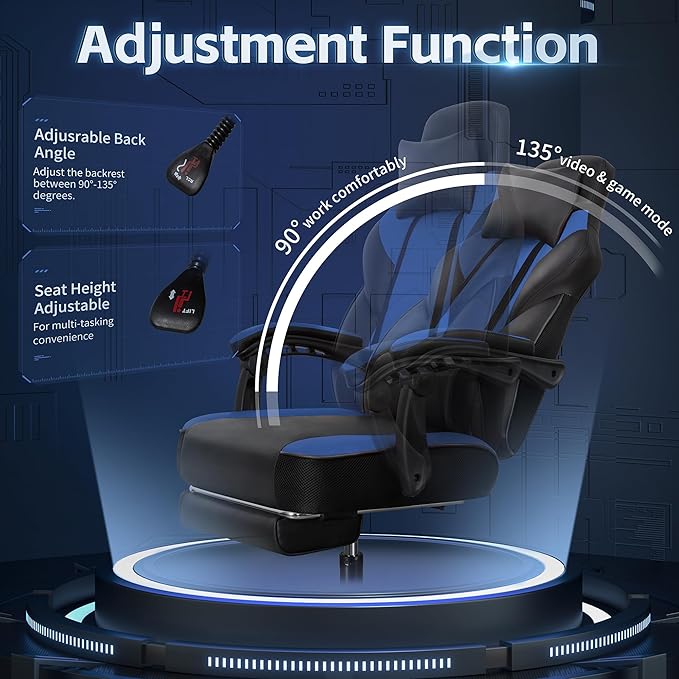 Gaming Chairs for Adults Computer Chair with Footrest and Ergonomic High Back Big and Tall Gamer Chairs with Massage Lumbar Support 360° Swivel Height Adjustable Gaming Chair Blue