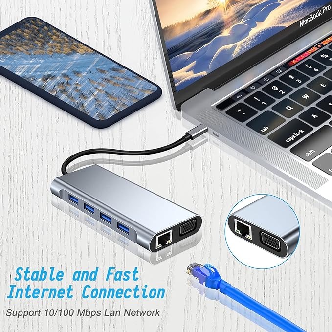 USB C HUB USB C Adapter 11 in 1 Dongle with 4K HDMI VGA Type C PD USB3.0 RJ45 Ethernet SD/TF Card Reader 3.5mm AUX Docking Station Compatible with MacBook Pro/Air Other Type C Laptops