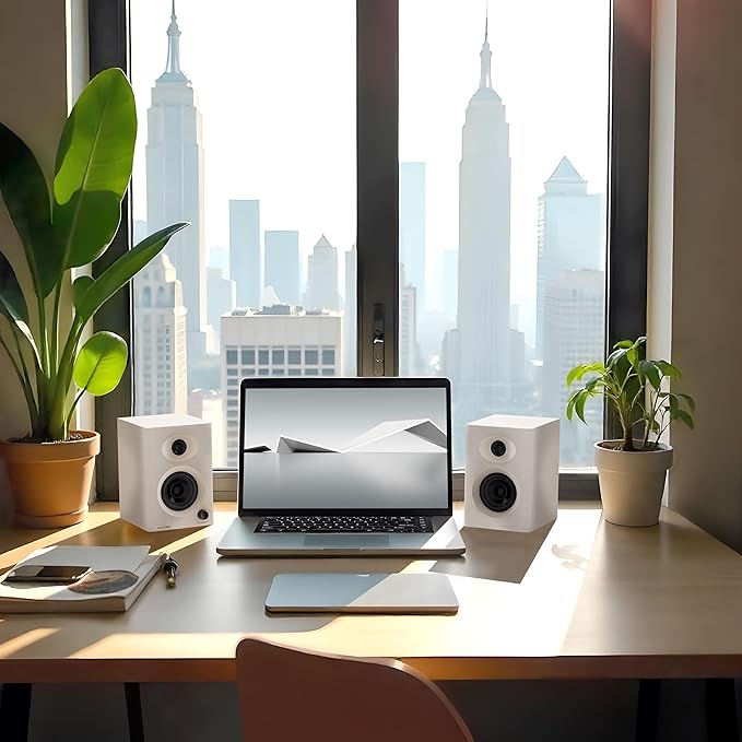 3-Inch Bluetooth 5.3 Computer Speakers for PC Max 60W RMS Rich Stereo Sound with Good Bass &amp Clear Highs Stable Aux/RCA Inputs for Gaming Home Office Studio White Pair