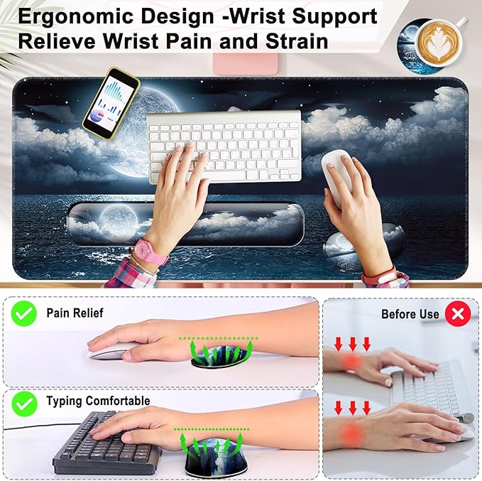 Keyboard Wrist Rest + Mouse Pad with Wrist Support + Desk Mat + Coaster 4 in 1 Set XXL Large Gaming Mousepad Cute Ergonomic Mouse Pads for Desk Computer Laptop Office Decor-Moon Ocean