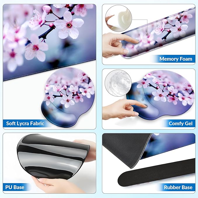 Desk Mat Set + Keyboard and Mouse Pad with Wrist Rest Support4-in-1 Large Mousepad Computer Mats for Desktop Home &amp Office-Cherry Bloosom