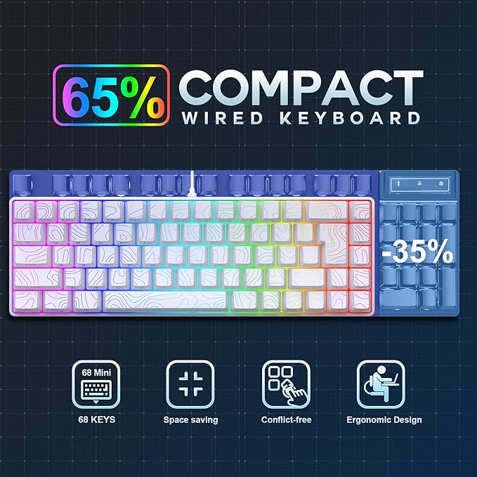 Snpurdiri 65% Wired Gaming Keyboard 68 Keys RGB Backlit Ultra-Compact Small Gaming Keyboard for PC/Mac Gamer Typist Travel Easy to Carry on Business Trip White