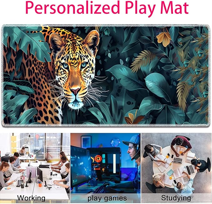 Large Gaming Mouse Pad + Mouse Wrist Rest Pad + Coaster Combination 31.5 x 11.8 Durable Non-Slip Extension Table Mat Suitable for Office and Home Leopard Jungle