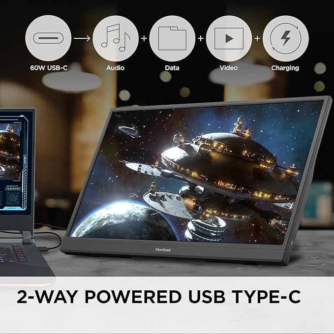 ViewSonic VX1754 17 Inch 1080p IPS Portable Gaming Monitor with 144Hz AMD FreeSync2 Way Powered 60W USB C Mini HDMI and Built-in Stand with Protective Cover (Renewed)