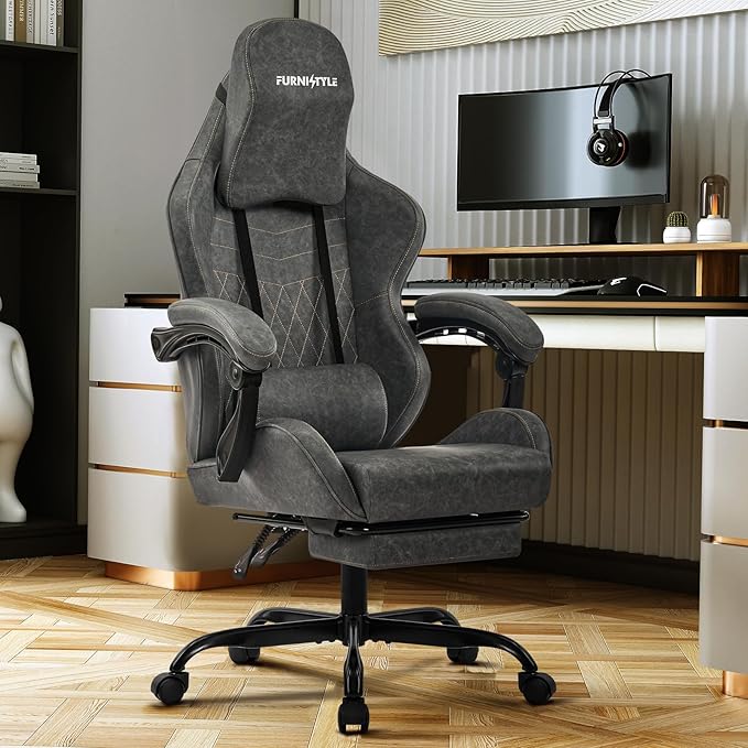 Gaming Chair Video Game Chairs with Large Headrest Linkage Armrests Retro PU Leather Ergonomic Computer Chair for Gaming or Office Grey