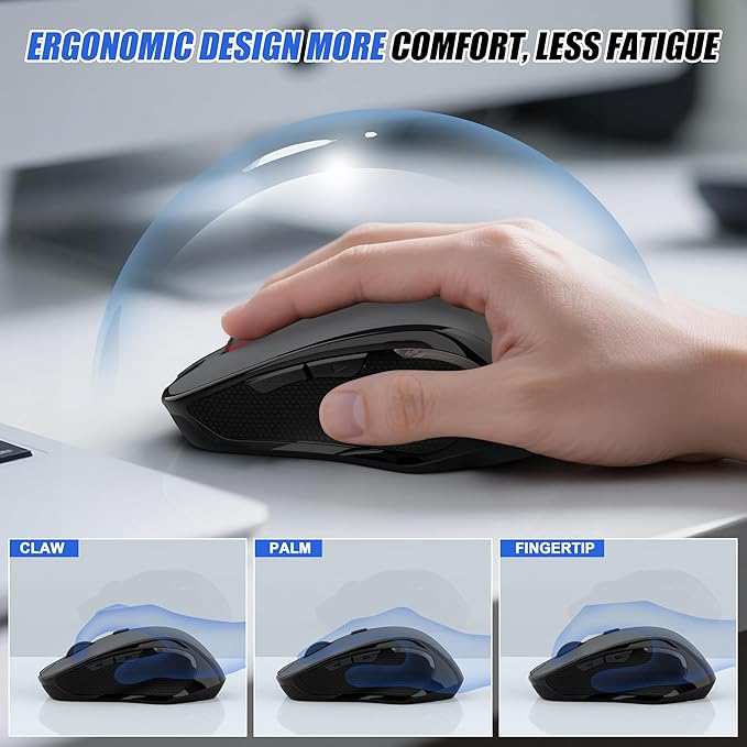 Bluetooth Wireless Laptop Mouse for MacBook Air Pro iPad Mac Ergonomic Rechargeable Mouse with Jiggler Mode 2 Mode Bluetooth &amp 2.4G USB-A/USB-C Receiver Silent Optical Computer Mice Grey