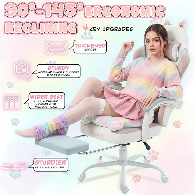 Dowinx Gaming Chair with Cat Ears and Paw Lumbar Pillow Ergonomic Reclining Chair Memory Foam and Spring Cushion Footrest 300lbs Capacity Cute and Comfortable Design for Women &amp Girls