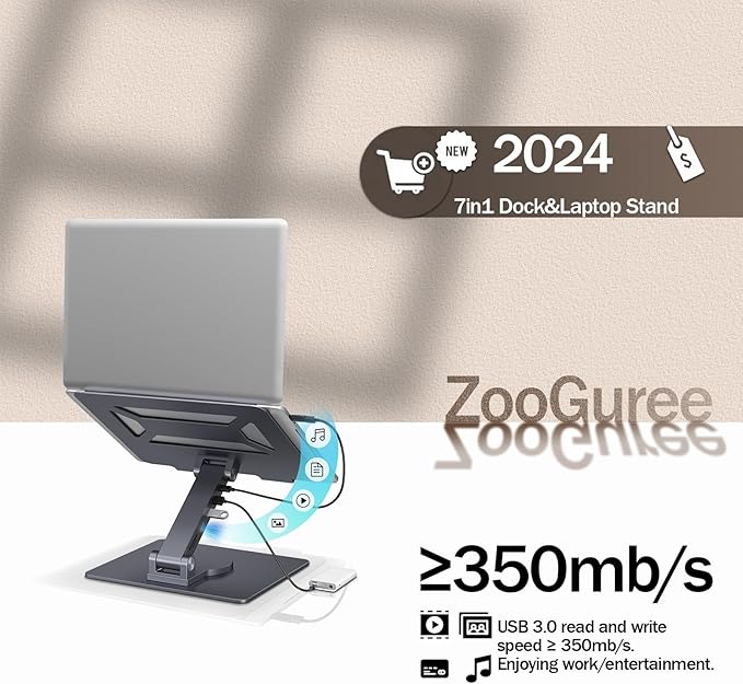 7 in 1 Laptop Docking Station Stand Detachable USB C Hub 4K HDMI 2 USB 3.0 RJ45 PD 3.0 Universal Laptop Stand with 360-degree Swivel Stand