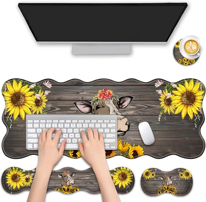4 in 1 Desk Mat SetMouse Pad with Keyboard Wrist RestWave-Shaped DesignNon-Slip Rubber BaseWaterprooffor HomeOfficeGamingCute Cow and Sunflower