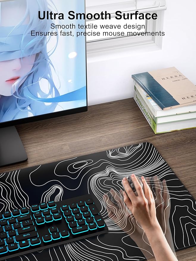 TopMade Mouse Pad with 15W Fast Wireless Charging 31.5x15.75 XXL Large Gaming Waterproof Desk Pad Computer Desk Mat Black Topographic Map #2 (Includes 20W PD Power Adapter &amp 6.56ft Woven Cabl