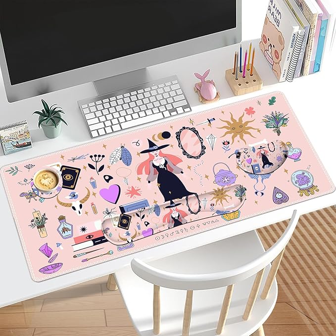 Pink Keyboard Mouse Pad Set Large Gaming Deskpad Rectangle +Keyboard Wrist Rest +Mouse Wrist Support +Coaster Ergonomic Memory Foam Mousepad Combo Witch Mirror