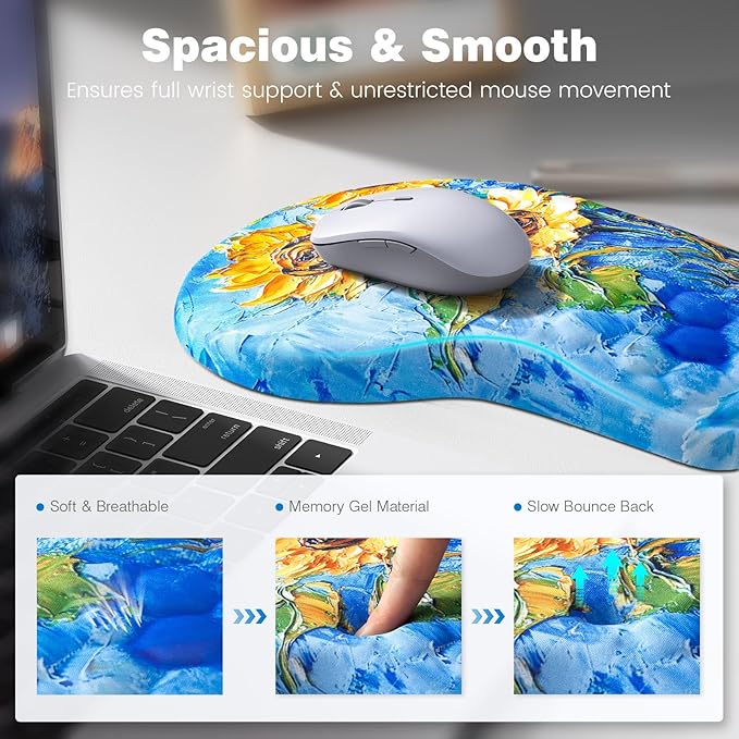 Ospelelf Ergonomic Mouse Pad and Keyboard Stand Wrist Rest Set Memory Foam Comfort Pain Relief for Typing Office Desk Accessories Sunflower