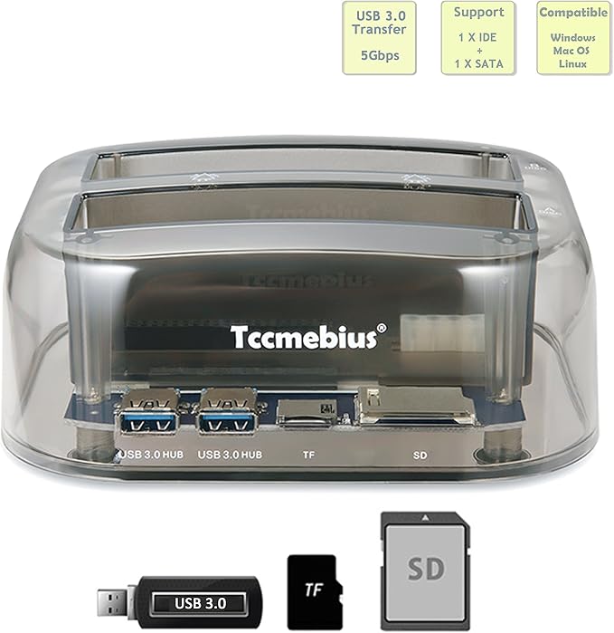 TCC-S865 USB 3.0 to SATA IDE Dual Slots External Transparent Hard Drive Docking Station with Card Reader and 2 Ports USB 3.0 Hub for 2.5 3.5 Inch IDE SATA I/II/III HDD SSD