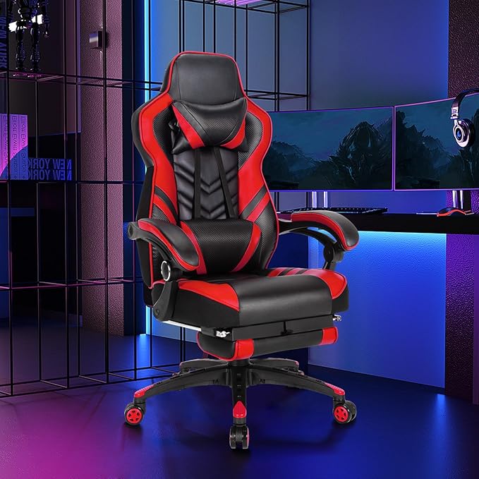Goplus Gaming Chair Computer Chair with Footrest and Lumbar Support Height Adjustable Executive Swivel Rolling Task Chair with 90°-155° Tilt Function (Red)