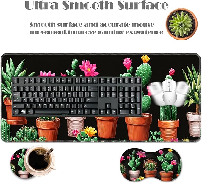 Ergonomic Keyboard Wrist Rest &amp Mouse Pad Wrist Rest SetXL Gaming Desk Mat 31.5x 11.8Non-Slip BaseMemory FoamEasy Typing Pain Relief for Office &amp HomeFloral Cactus