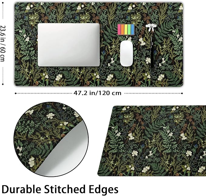 Black Aesthetic Vintage Botanical Gaming Mouse Pad Extended 3XL Cute Forest Green Plant Nature Floral Large Big Mousepad Non-Slip Stitched Edge Long Mat for Desk Computer47.2x23.6 Inch120x60 CM