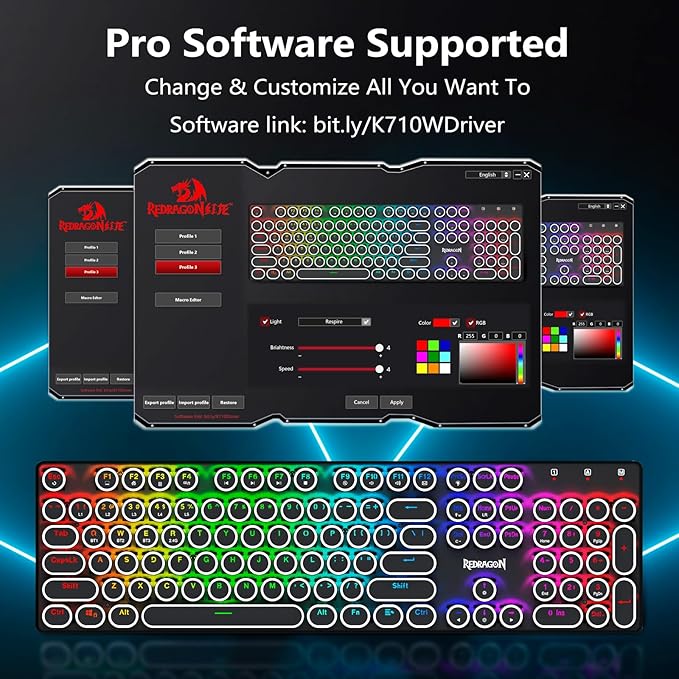 Redragon Typewriter Keyboard Wireless Mechanical Gaming Keyboard Bluetooth/2.4Ghz/Wired RGB LED Backlit Rechargeable Blue Switch - Clicky Solid Metal Panel Round Keycaps Black