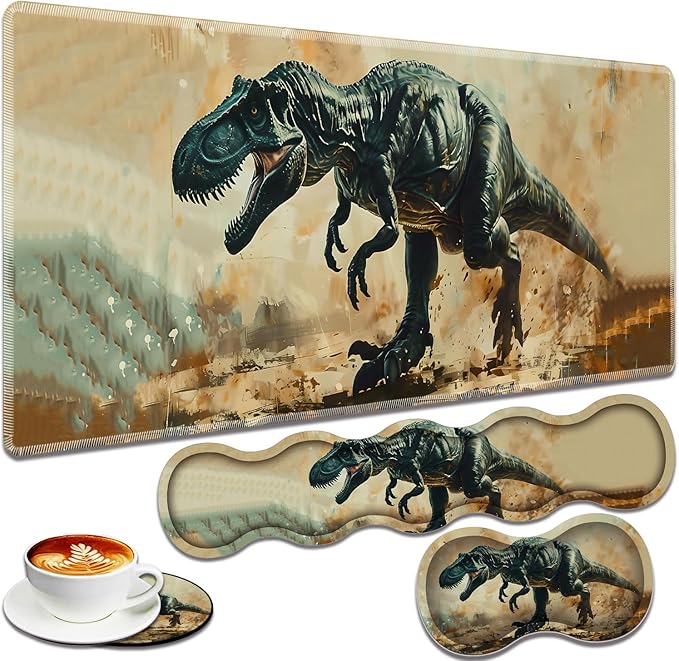 Large Gaming Mouse Pad + Keyboard Wrist Rest + Wrist Support + Coaster Set Memory Foam Ergonomic for Easy Typing XXL Extended Gaming Mouse Pad Table Pad - T-Rex