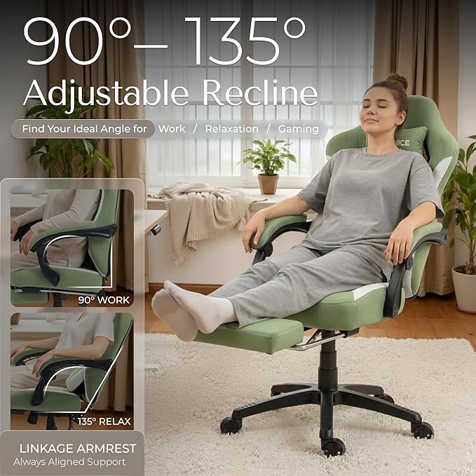 Gaming Chair Fabric with Pocket Spring Custion Ergonomic High Back Video Game Chair with Footrest Massage Lumbar Support Height Adjustable Comfy Computer Chair for Adults Game Green