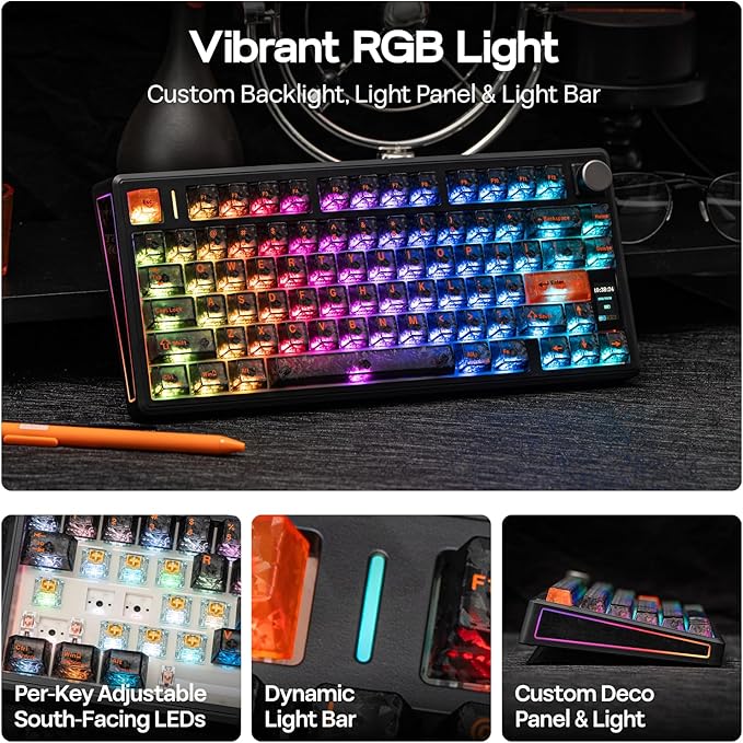 EPOMAKER TH80 V2 PRO Wireless Gaming Keyboard with Screen&ampKnob 10000mAh 2.4Ghz/BT/USB-C RGB Hot Swap Custom Driver NKRO PBT Keycap Mechanical Keyboard for PC/Mac (Black Sea Salt Silent)