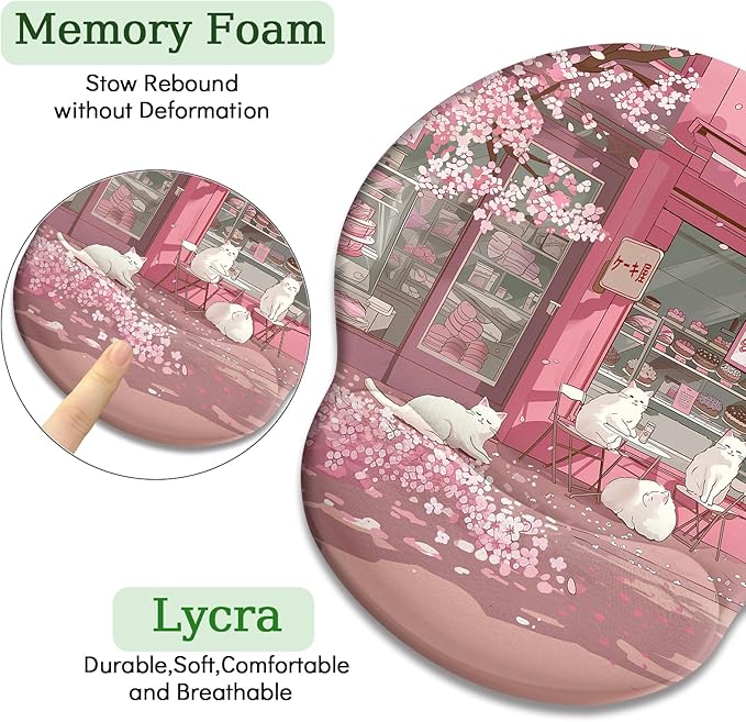 Cat Ergonomic Mouse Pad with Wrist Rest Pink Cherry Blossom Computer Mouse Pad Wrist Support with Non-Slip Pain Relief PU Base Cute Office Desk Decor Accessories Japanese Dessert House