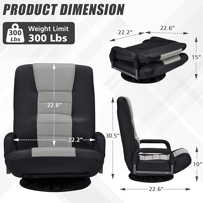 Swivel Gaming Chair Multipurpose Floor Gaming Chair for Playing Video Games TV Reading w/Armrest Lumbar Support &amp 6 Adjustable Postion Backrest for AdultsGrey