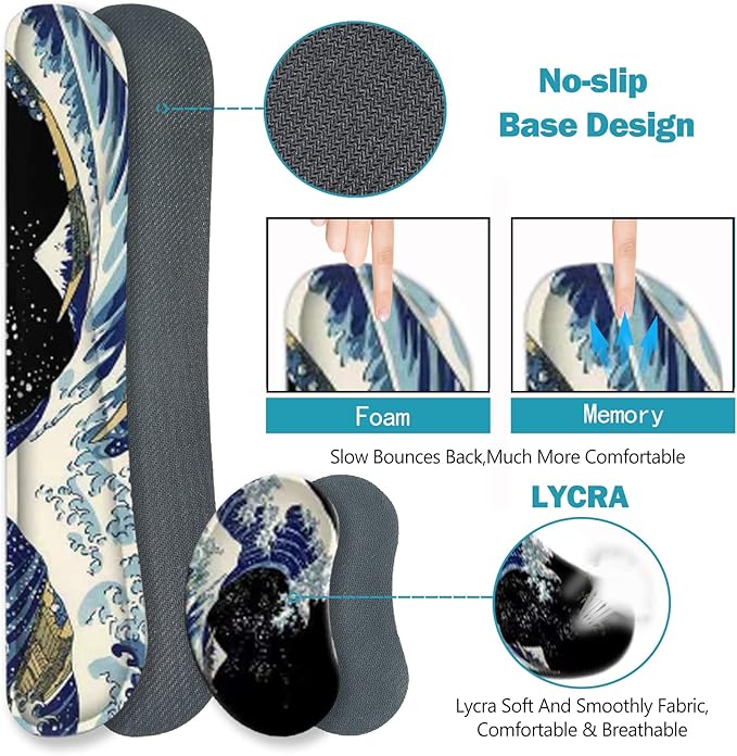 ToLuLu Extended Gaming Mouse Pad Memory Foam Ergonomic Keyboard Mouse Wrist Rest Support Set Large Desk Mat with Stitched Edges Non-Slip Base Mousepad for Home Office Game Study Wave of Kanagawa