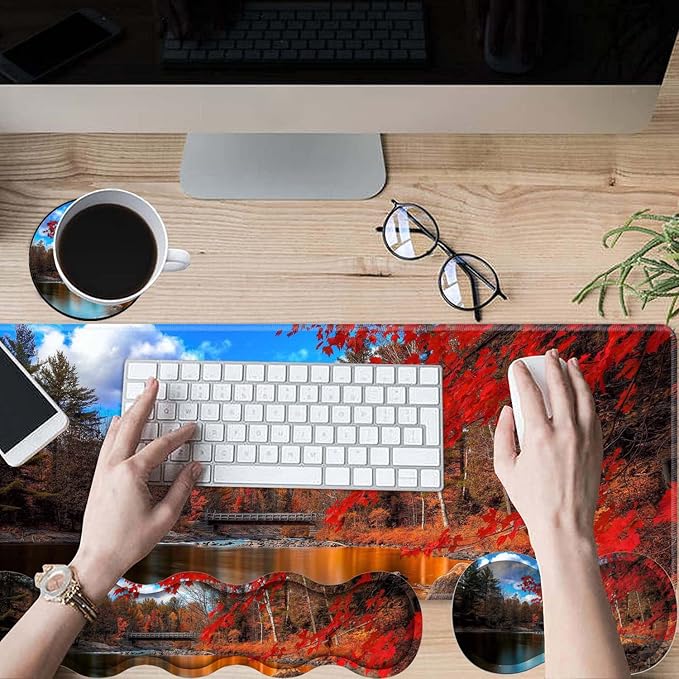 Gaming Mouse Pad Set Large Gaming Mouse Pad+Keyboard Wrist Rest+Mouse Wrist Rest+Coaster Easy Typing Pain Relief 31.5 × 11.8 inch Desk Mat for Home Office Red Maple Lake
