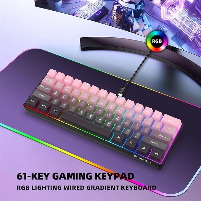Snpurdiri 60% Wired Gaming Keyboard 61 Keys RGB Backlit Ultra-Compact Small Gaming Keyboard for PC/Mac Gamer Typist Travel Easy to Carry on Business Trip (Pink-Black)