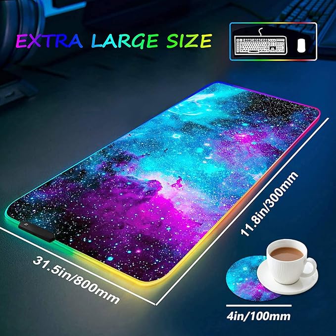 RGB Gaming Mouse Pad with Coffee Coaster XXL Large Glowing LED Mousepad Anti-Slip Rubber Base Computer Keyboard Desk Mouse Mat 31.5 X 11.8 Inch - Blue Galaxy Nebula Universe Space