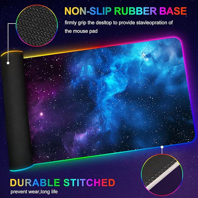 ARTSO RGB Mouse Pad LedXXL Large Mouse Pad Purple Blue Starry Nebula Big Mouse mat Computer Mousepad with 14 Light Modes 35.4 x15.7 Inch Keyboard Mat