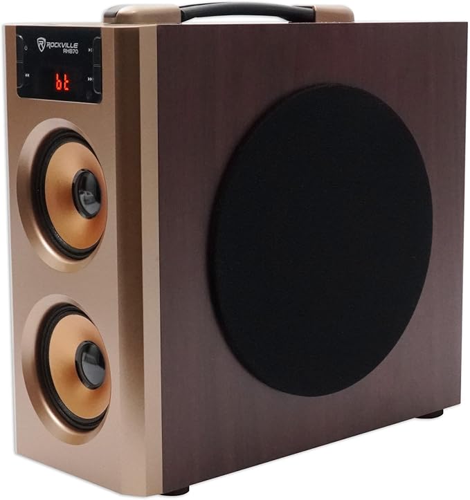 Rockville RHB70 Home Theater Compact Powered Speaker System Bluetooth/USB/SD/FM 4 Subwoofer 2.1 Channel 100W Peak Cherry Wood Finish for Home Entertainment