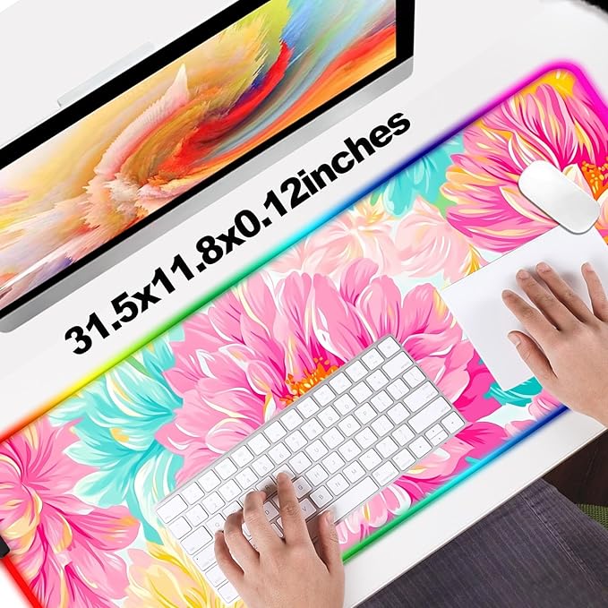 RGB Pink Flower Gaming Desk Mat Computer Keyboard Large Extended Long Floral LED Mouse Pad for Office and Home XL (W29)