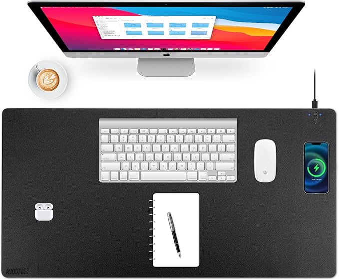 Wireless Charging Desk Mat with Desk Pad for Desktop Charging Large Mouse Pad Waterproof Leather Computer Mat Mouse Pad Non-Slip Protector on Top of Desks for Keyboard and Mouse (black-r 36*17inch)