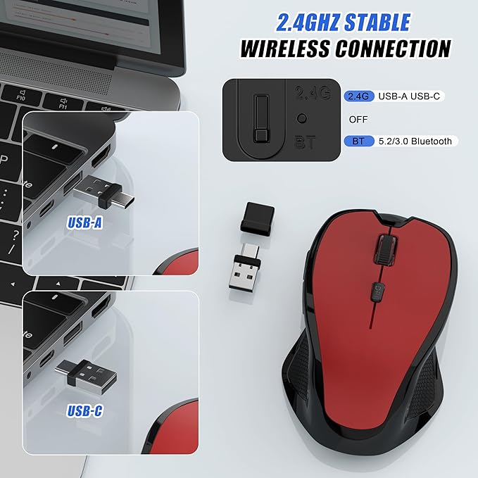 Bluetooth Wireless Mouse 2.4G Ergonomic Rechargeable Computer Mouse for MacBook Air iPad Pro PC with Jiggler Mode 3 DPI Levels &amp Forward/Back Buttons Laptop Mice for Office/Home/School - Red