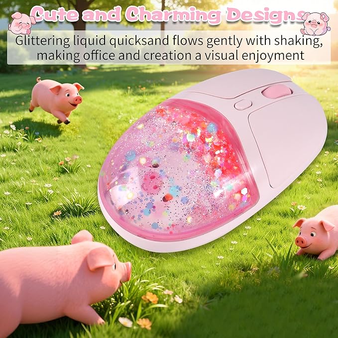 Wireless Mouse with Liquid Quicksand Sequins 2.4GHz &amp Bluetooth Dual Mode Rechargeable Silent Cute Aqua Mouse with LED Light Portable Water Mice for Laptop PC Tablet MacBook Kids Adults Gift (Pink