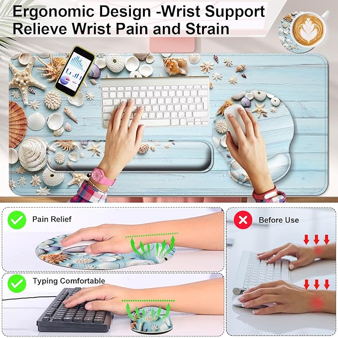 Mouse Pad + Desk Mat + Keyboard Wrist Rest + Coaster 4 in 1 Set Cute Ergonomic Large Gaming Mousepad with Wrist Rest Support Desk Pad for Computer Laptop Office Home Decor-Seashells
