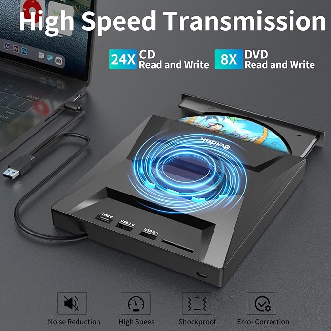 External CD DVD Drive for Laptop USB C Portable CD/DVD +/-RW Burner DVD Player with SD Card Reader USB 3.0 Type C Hub Compatible with Laptop PC Windows Linux