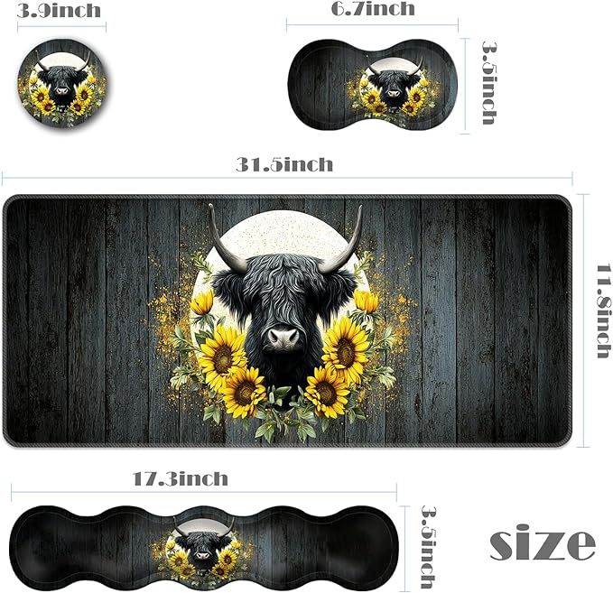 Ergonomic Keyboard Wrist Rest &amp Mouse Pad Wrist Rest SetXL Gaming Desk Mat 31.5x 11.8Non-Slip BaseMemory FoamEasy Typing Pain Relief for Office &amp HomeHighland Cow Sunflowers