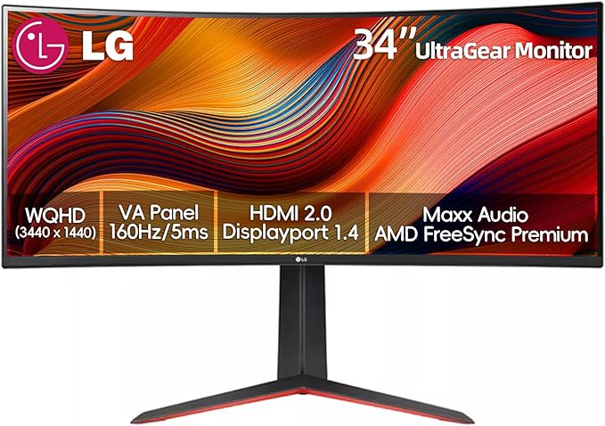 LG 34 Inch Curved Ultragear QHD(3440x1440) IPS Gaming Monitor 160Hz AMD FreeSync HDR10 sRGB 99% OnScreen Control Multitasking and Content Creation DisplayPort &amp HDMI Tilt/Height Adjustable